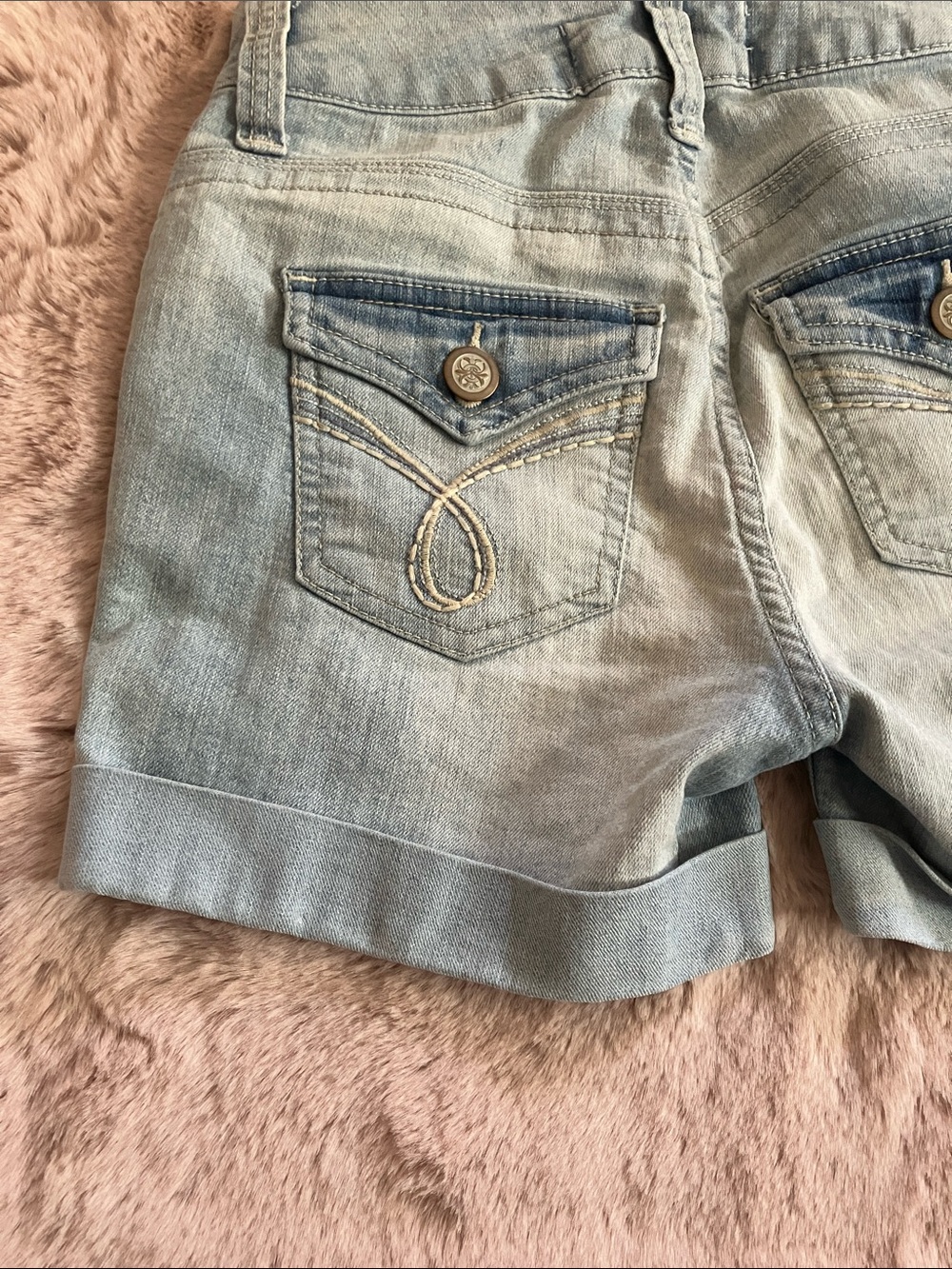 Y2k No Boundaries Light Blue Denim Cuffed Shorts with Embroidered Back Pockets - Picture 3 of 12